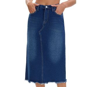 Women's Long Denim Skirt Elastic Waist Split Jean Skirts Deep Blue